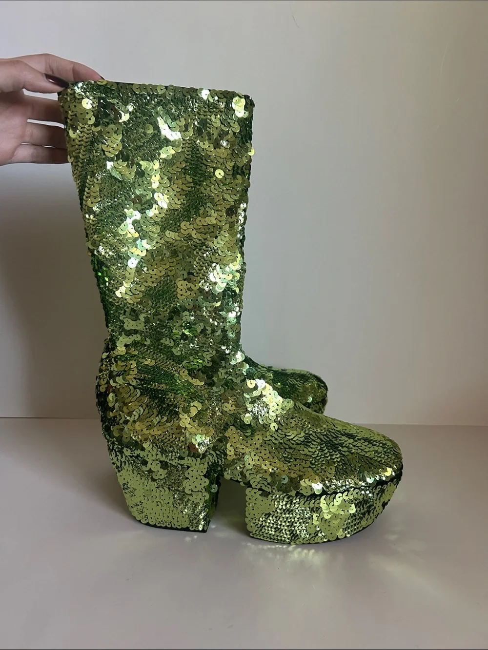 Prada Green Sequin Over-the-Knee Platform Boots